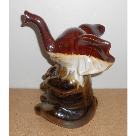 Elephant Ceramic Brown Elephant Sitting With Trunk Up - Picture 4 of 12